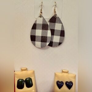 Black and White Checkered Teardrop Earrings 3 pairs